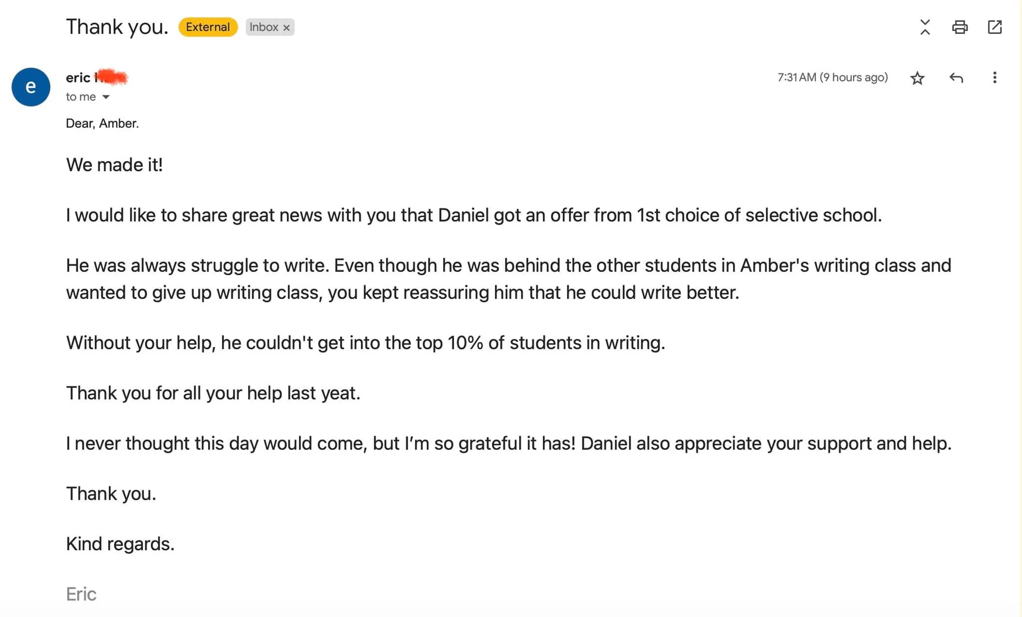 Daniel Gets Top 10% Writing!