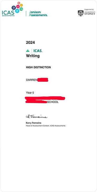 Darren's High Distinction in ICAS Writing