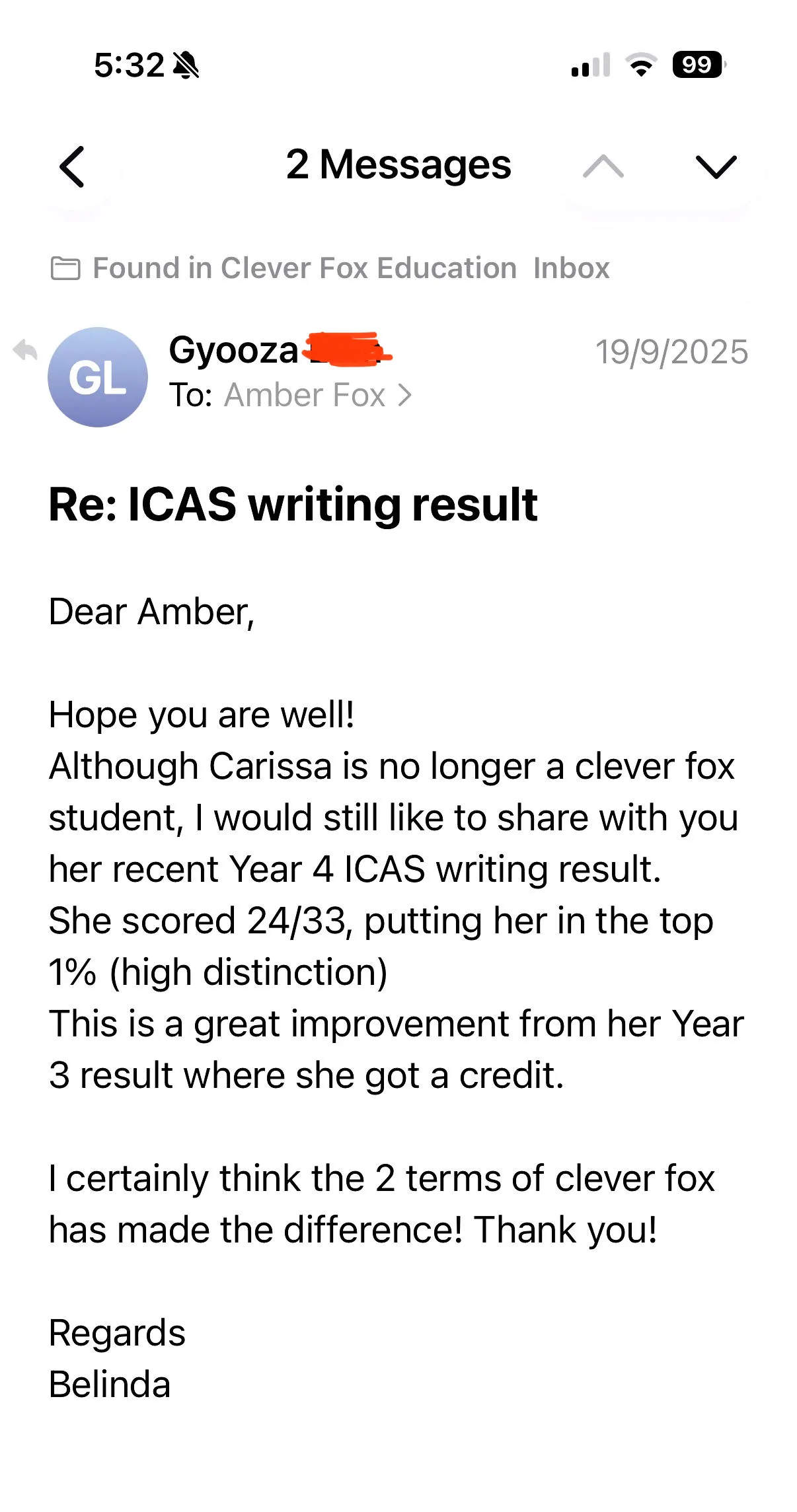 Clever Fox student success rates — 90% selective school entry