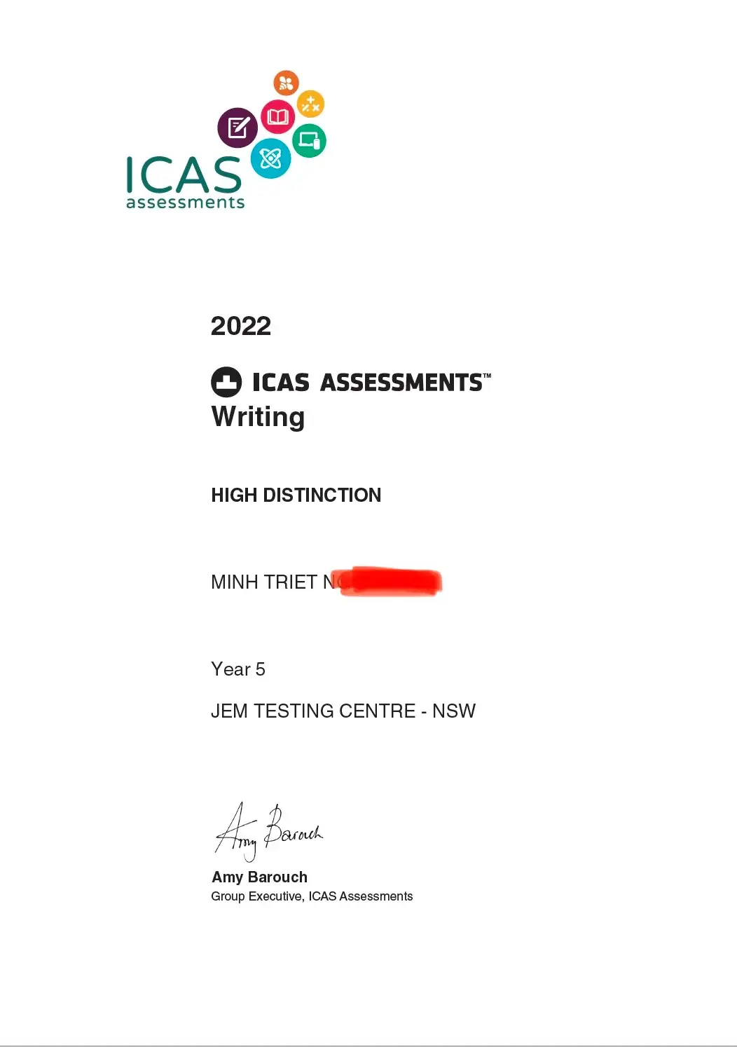 High Distinction ICAS Writing Certificate for Triet!