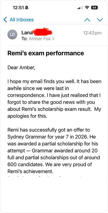 Clever Fox student — year 7 scholarship offer at Sydney Grammer